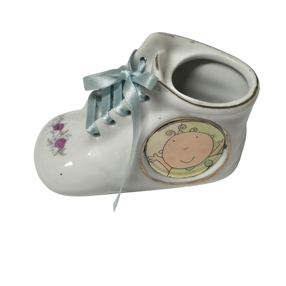 Vintage 90s Ceramic Baby Shoe Photo Holder White Floral Gold Trim Keepsake Decor